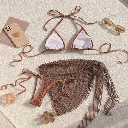 Chic Brown Mesh Bikini and Sarong Set for the Ultimate Coastal Aesthetic