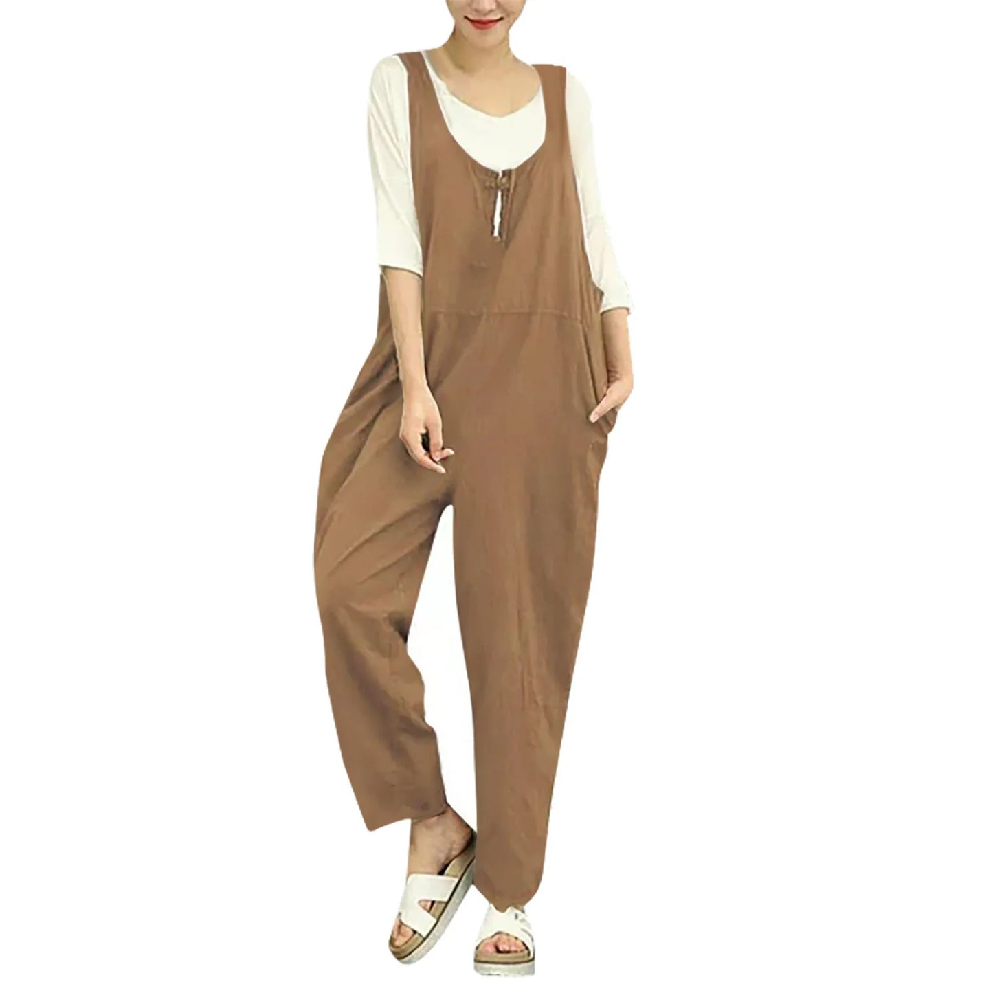 Boho Comfort: Wide-Leg Suspender Cotton Jumpsuit