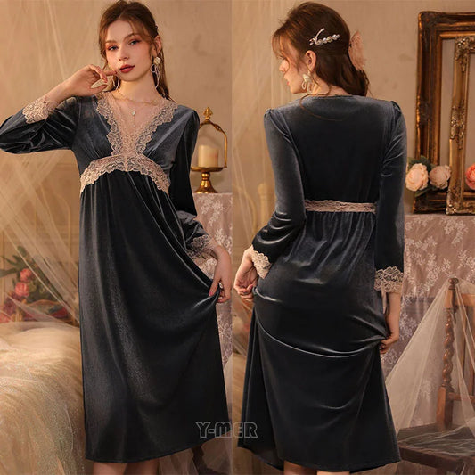 Womens Velvet Pajama Set Elegant Lace Nightgown Long Sleeve Robe For Cozy Winter Nights