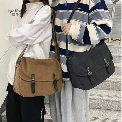 Japanese Canvas Cross Body Bag For Men Women Simple Wash Canvas Handbag Large Capacity Arts Students Satchel