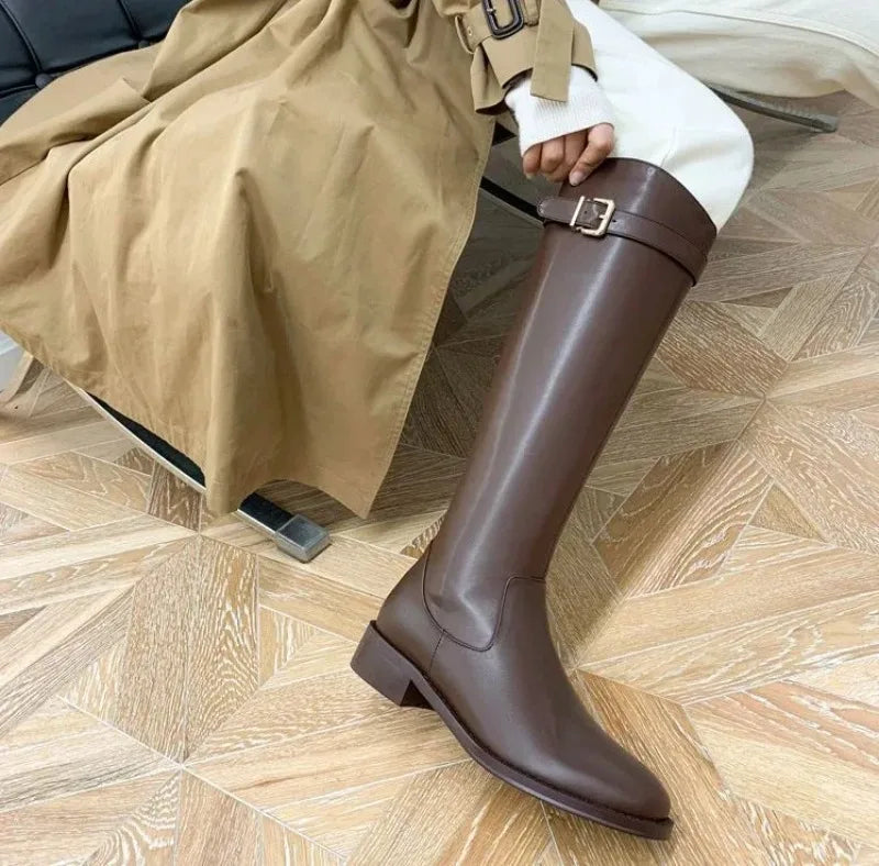 Winter Knee High Brown Boots Square Heel Zip Belt Buckle Gothic Style For Women