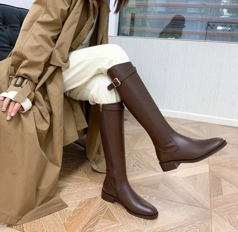 Winter Knee High Brown Boots Square Heel Zip Belt Buckle Gothic Style For Women