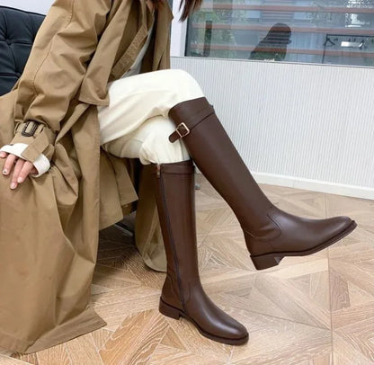 Winter Knee High Brown Boots Square Heel Zip Belt Buckle Gothic Style For Women