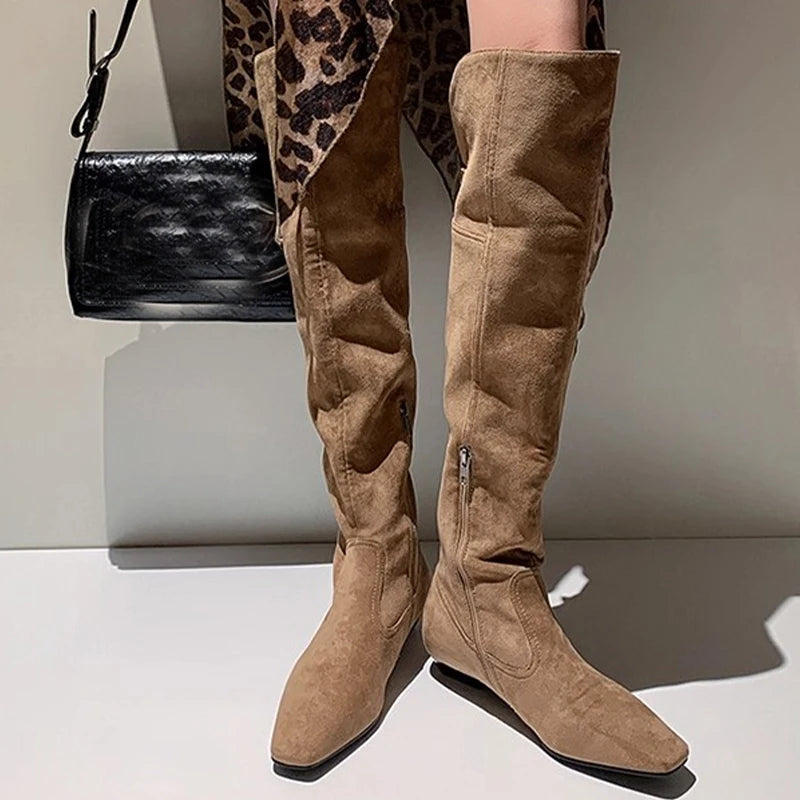 Long Knee High Suede Designer Zipper Winter Boots For Women