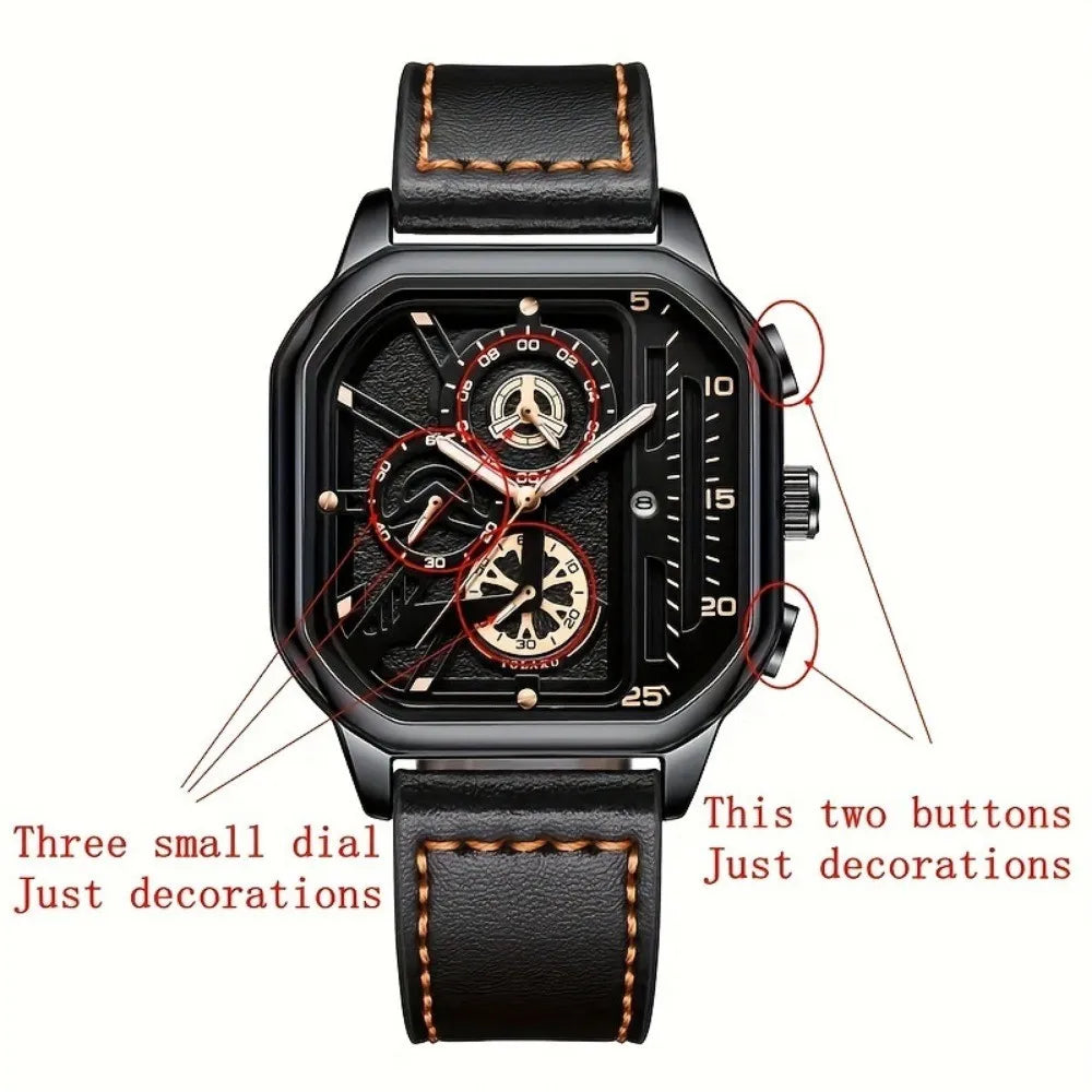 Mens Mechanical Dial Square Case Leather Band Casual Watches