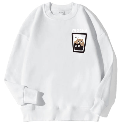 Mocha Cat Cup Printed Crew Neck Sweatshirts