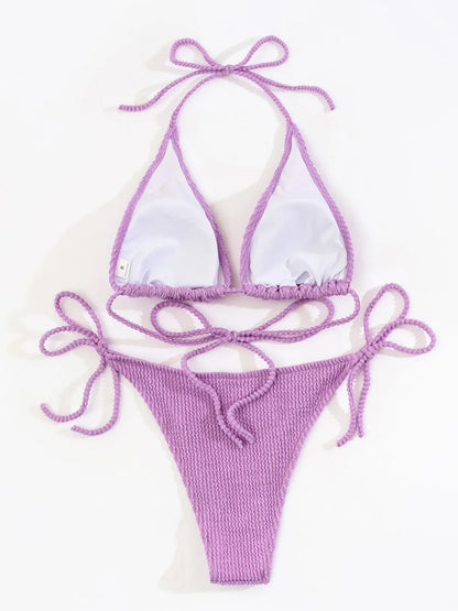 Neon Pink Textured Ribbed Triangle Bikini Aesthetic