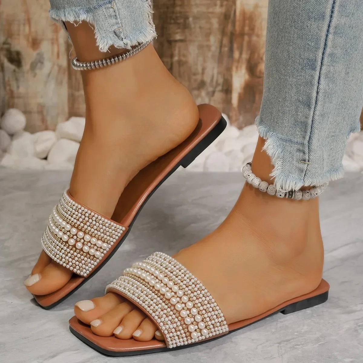 2025 Women S Luxury Bohemian Sandals Beaded Rhinestone Flat Roman Beach Shoes