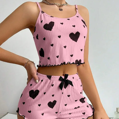 Womens Strawberry Print Pajama Set Long Sleeve Top Shorts
