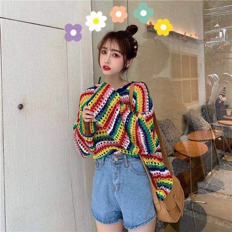 Women Rainbow Colorful Stripe Sweaters
