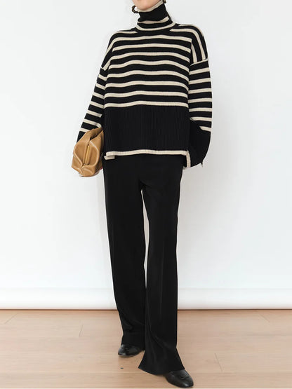 Loose Fit Striped Turtleneck Winter Sweater For Women