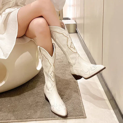 Elegant Art Work Embroidered Western Mid Calf Boots For Women