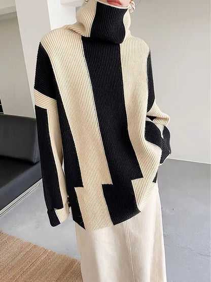 Chic Striped Knit Turtleneck: Elegant Casual Wear for Autumn