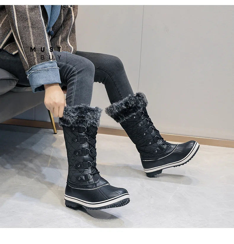 Winter High Lace-Up Snow Boots: Warm, Fur-Lined Mid-Calf Shoes for Women