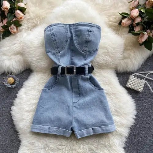 Off Shoulder Denim Romper for Women – Vintage Wide Leg Summer Jumpsuit 2026