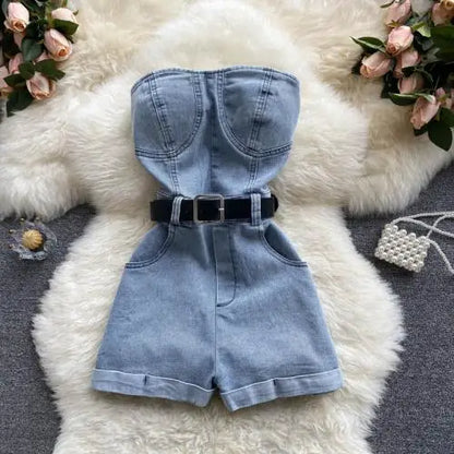 Off Shoulder Denim Romper for Women – Vintage Wide Leg Summer Jumpsuit 2026