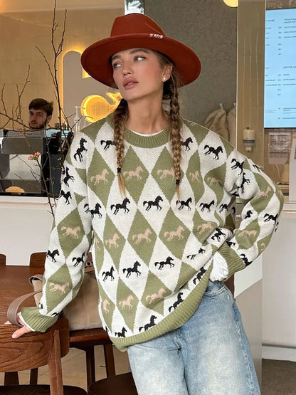 Colorful Patchwork O Neck Long Sleeve Women Sweater