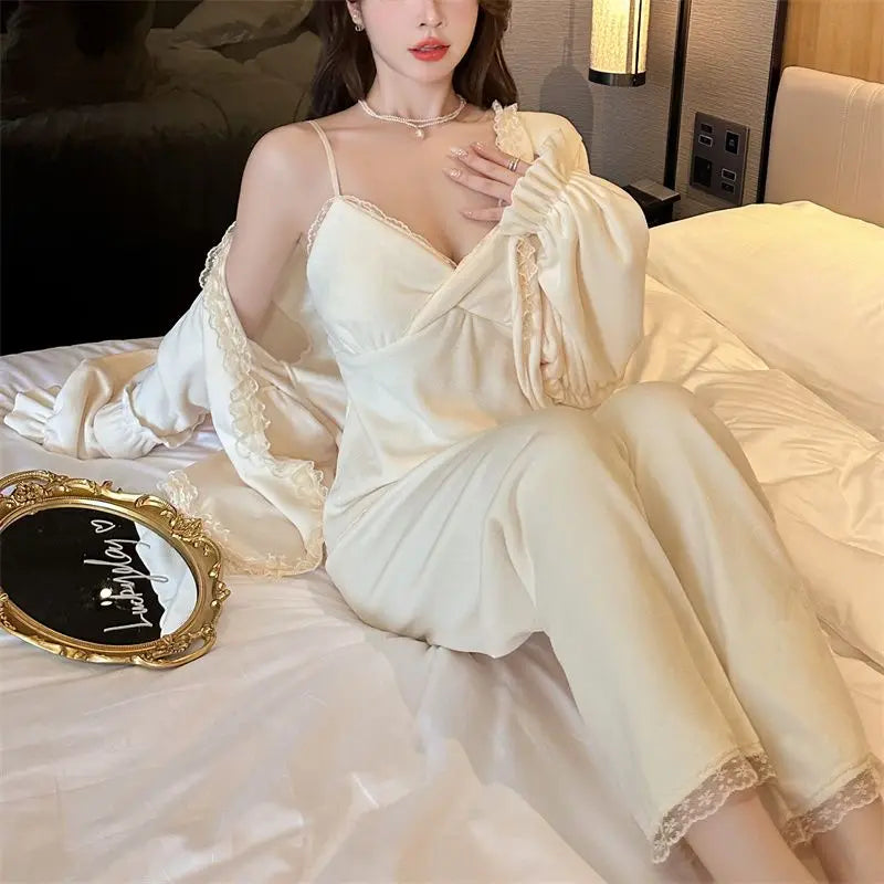 2025 Women S Silk Pajama Set Sexy Long Sleeve Cardigan Sleepwear Ice Silk Two Piece Loungewear For Home