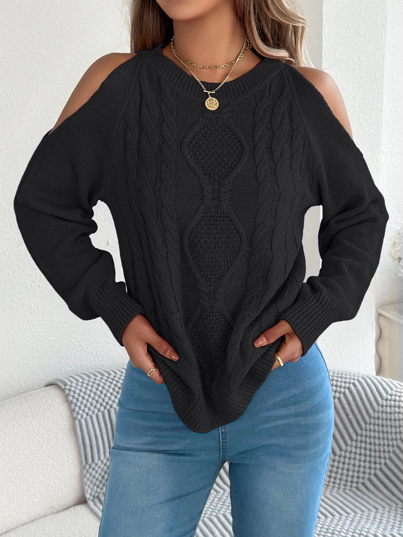 Womens Lantern Sleeve Open Shoulder Sweaters
