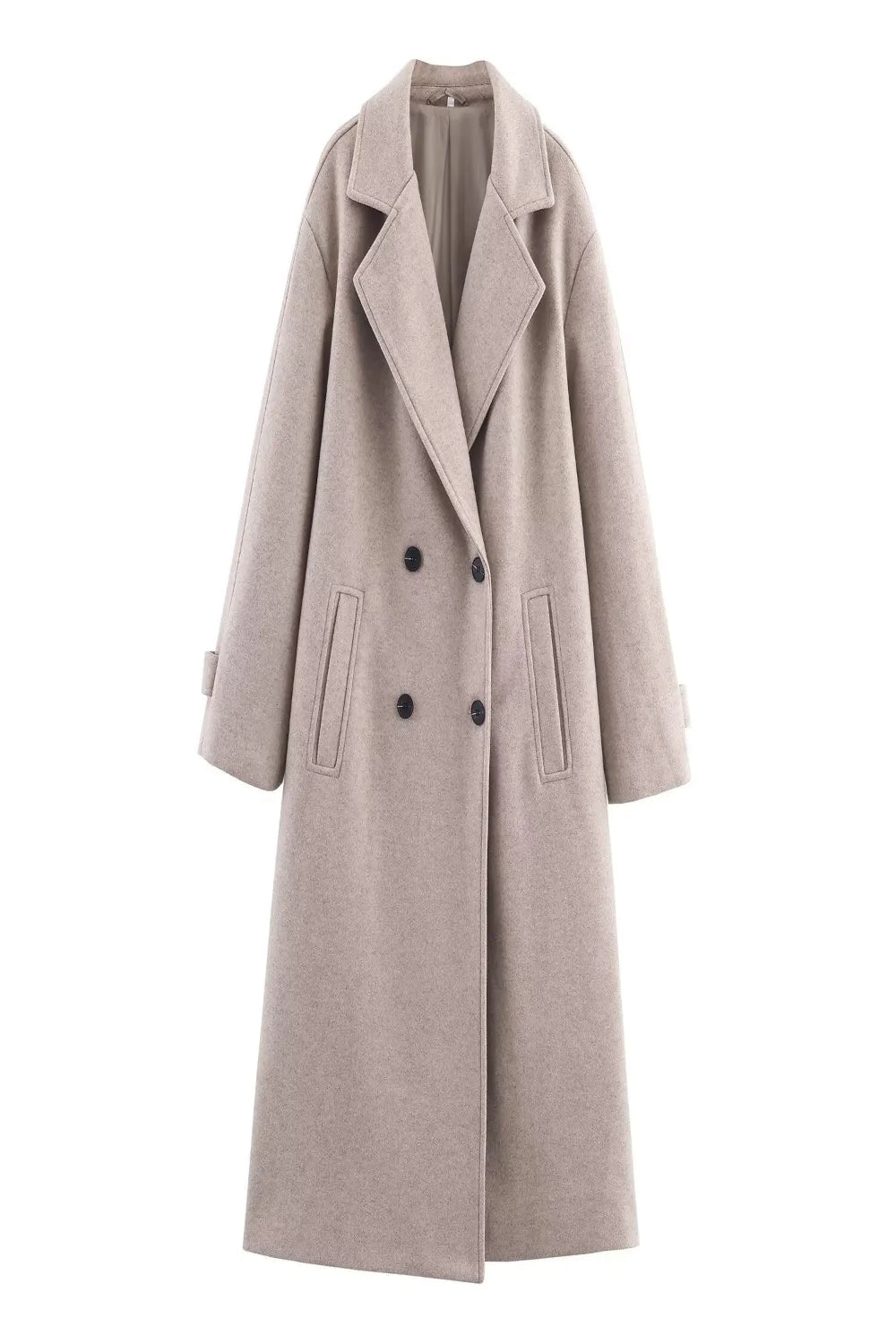 Beige overcoat with black buttons on a white background
