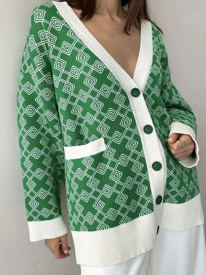 Geometric Jacquard V-Neck Knit Cardigan – Oversized 2025 Autumn/Winter