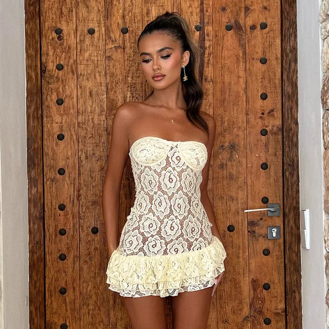 Lace Perspective Strapless Short Sexy Dress