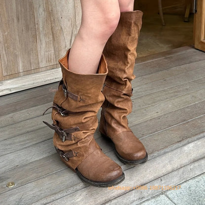 Womens Large Mid Length Retro Boots Buckle Casual Knight Boots For Autumn Winter 2025