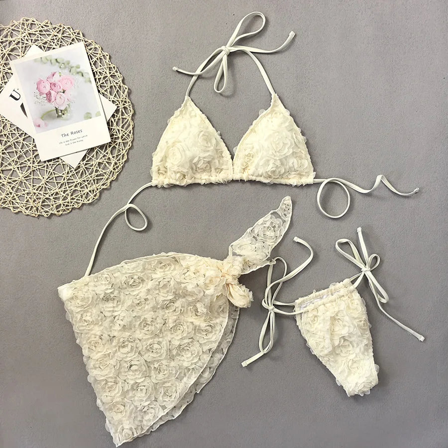 Romantic Pink 3D Floral Rosette Bikini and Sarong Set Aesthetic