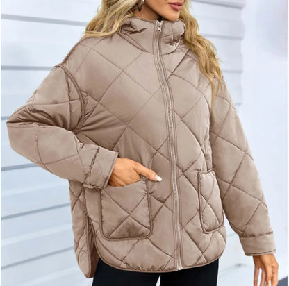 Autumn Winter European Style Womens Cotton Padded Coat Round Neck Loose Fit Solid Color Diamond Check Pattern Casual Outerwear