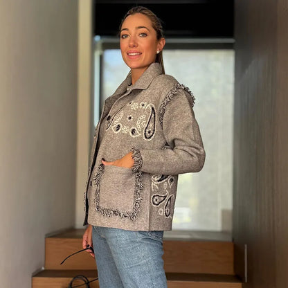 2025 Spring Womens Personalized Graffiti Print Lapel Cardigan Shirt Lantern Sleeve Trendy Top