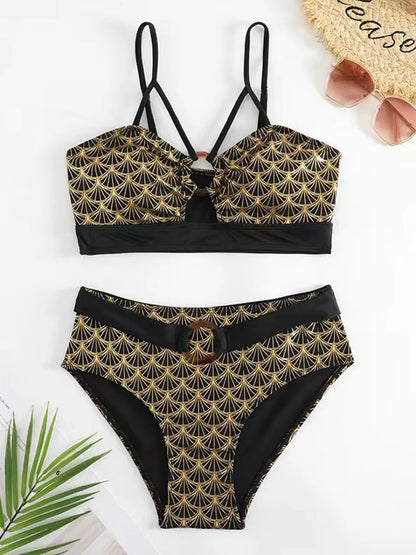 Luxury Resort Gold Wave Pattern Bikini Set for Vacation Mood