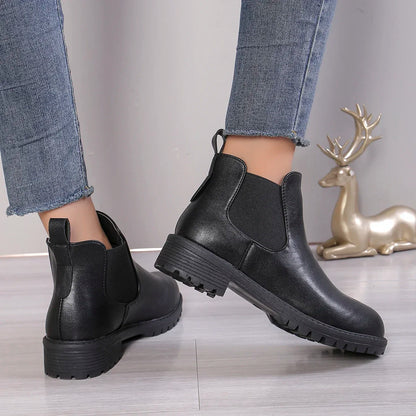 Women Cow Leather Round Toe Thick Sole Ankle Chelsea Boots