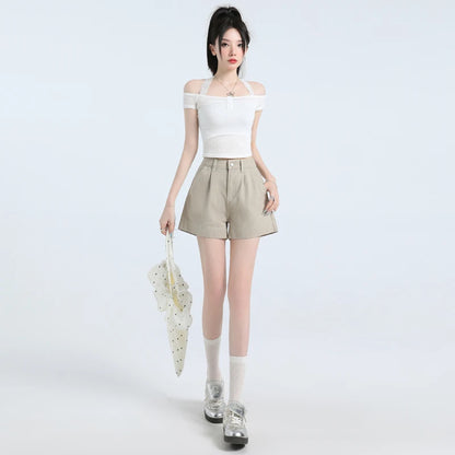 Urban Minimalist: Pleated High-Waist Khaki Shorts