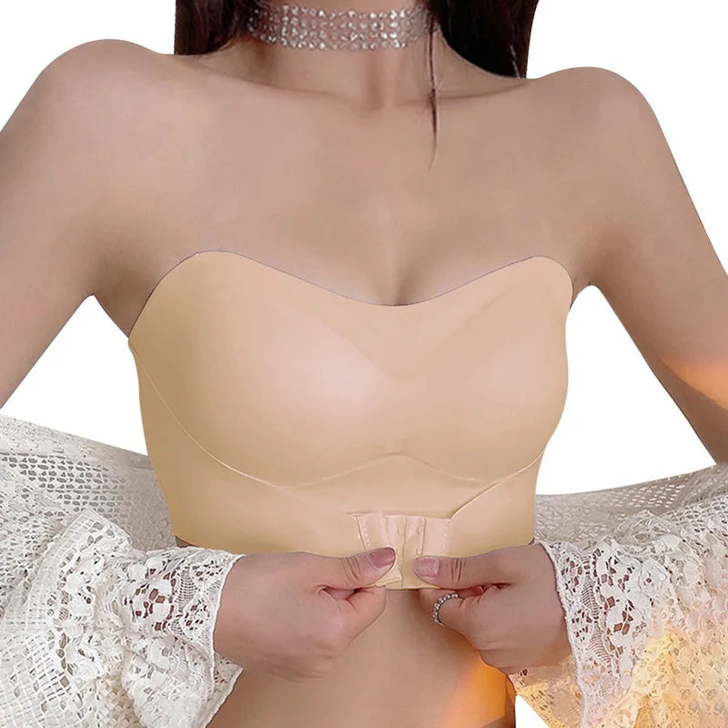 Front Closure Strapless Bra For Women Plus Size Wireless Push Up Invisible Breathable Lingerie