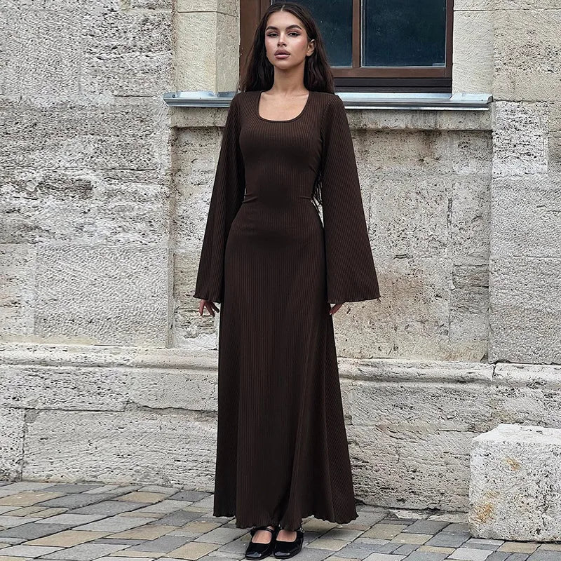 Quiet Luxury Aesthetic - Elegant Ribbed Bell Sleeve Maxi Dress