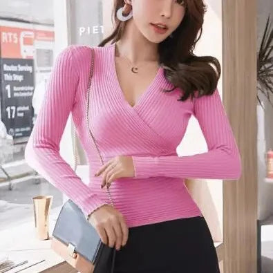 Korean Women S Sexy Deep V Neck Short Sweater Slim Pullover Elastic Cotton Bottoming Top For Women