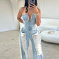 Full Ripped Style Hollow Out Strapless Backless Jean Jumpsuit