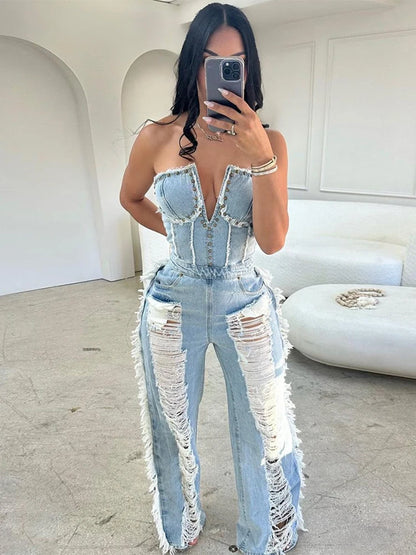 Full Ripped Style Hollow Out Strapless Backless Jean Jumpsuit