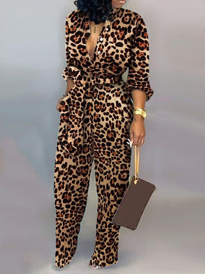 Leopard Patterned Deep V-Neck Sexy Lace-Up Jumpsuits For Women