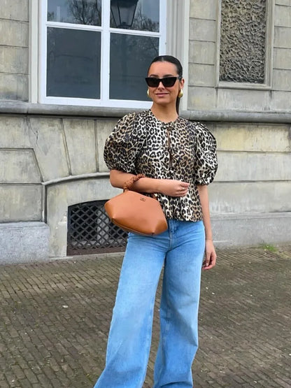 Puff Half Sleeve O-Neck Leopard Blouse