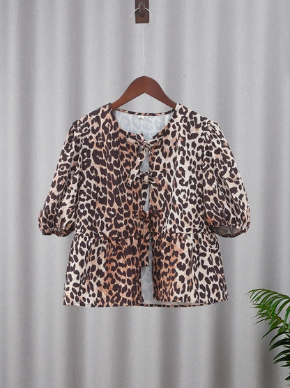 Puff Half Sleeve O-Neck Leopard Blouse