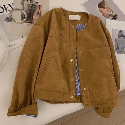 2025 Women's Suede Short Jacket – Camel Fashion Long Sleeve Flight Suit, Harajuku Style, Single Breasted Loose Vintage Coat