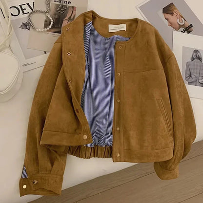 Autumn Camel Color Suede Short Jacket For Women