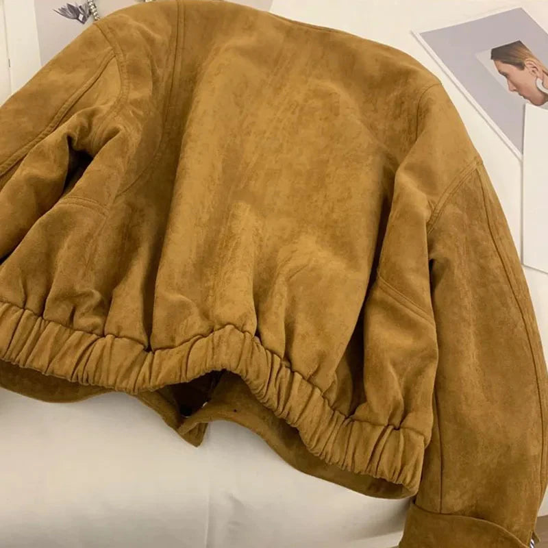 Autumn Camel Color Suede Short Jacket For Women