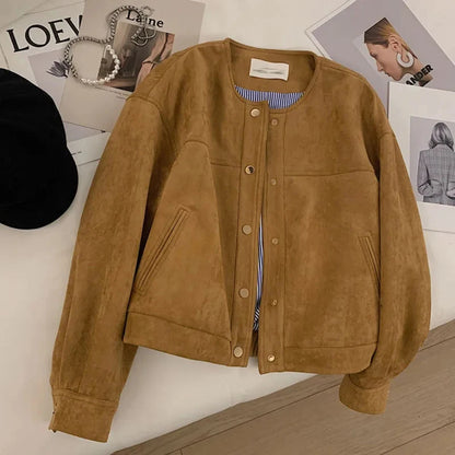 Autumn Camel Color Suede Short Jacket For Women