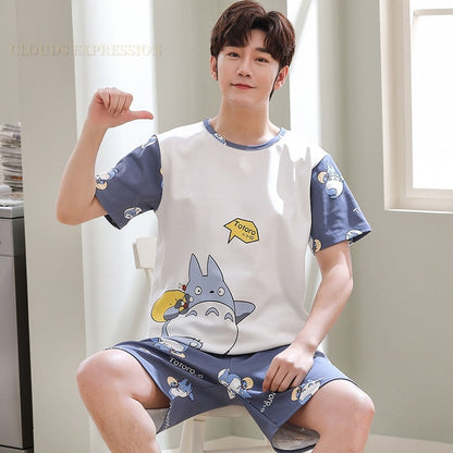 Summer Knitted Cotton Men’s Pajama Set – Short-Sleeved Letter Print Sleepwear Suit, Comfortable Homewear