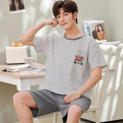 Summer Knitted Cotton Men’s Pajama Set – Short-Sleeved Letter Print Sleepwear Suit, Comfortable Homewear