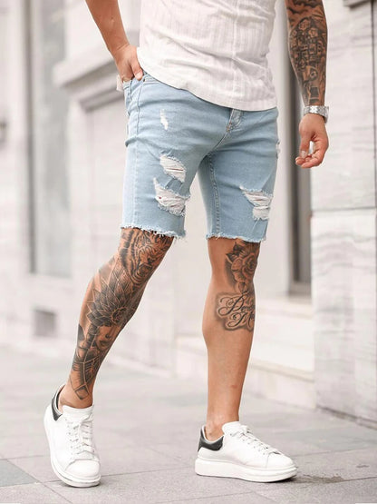 Men Stretch Light Blue Ripped Denim Shorts