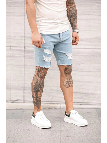 Men Stretch Light Blue Ripped Denim Shorts