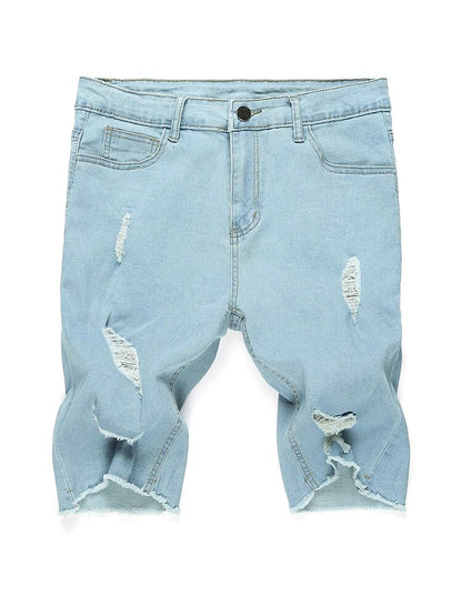 Men Stretch Light Blue Ripped Denim Shorts